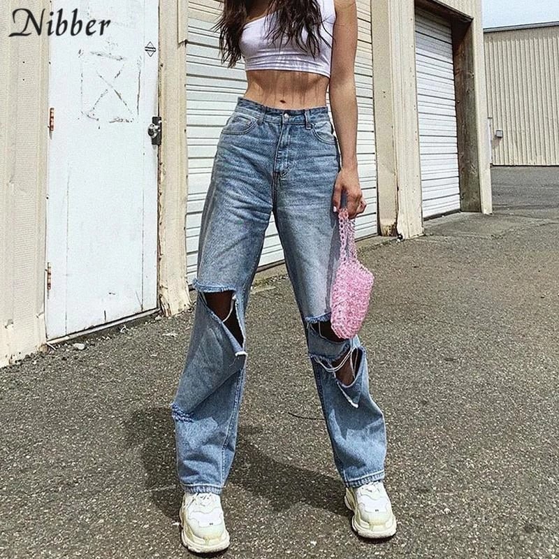 Nibber Autumn Winter Harajuku Hollow Denim pants Womens 2019 hot pure leisure loose Slim Flare Pants mujer Hip hop Denim pants