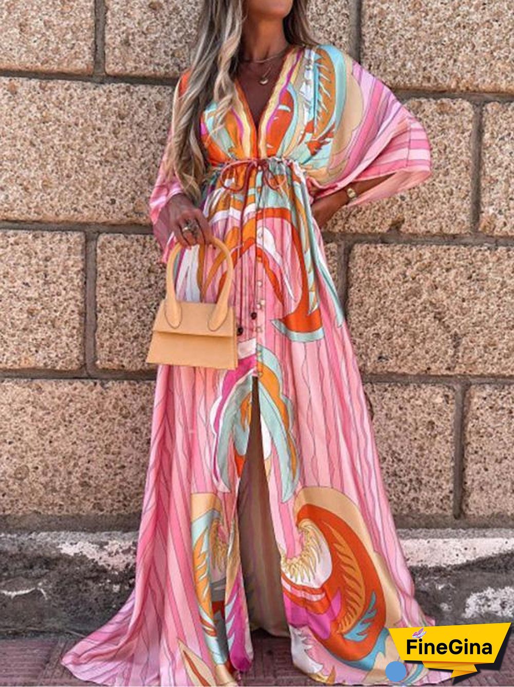 V-Neck Romantic Pink Printed Dress