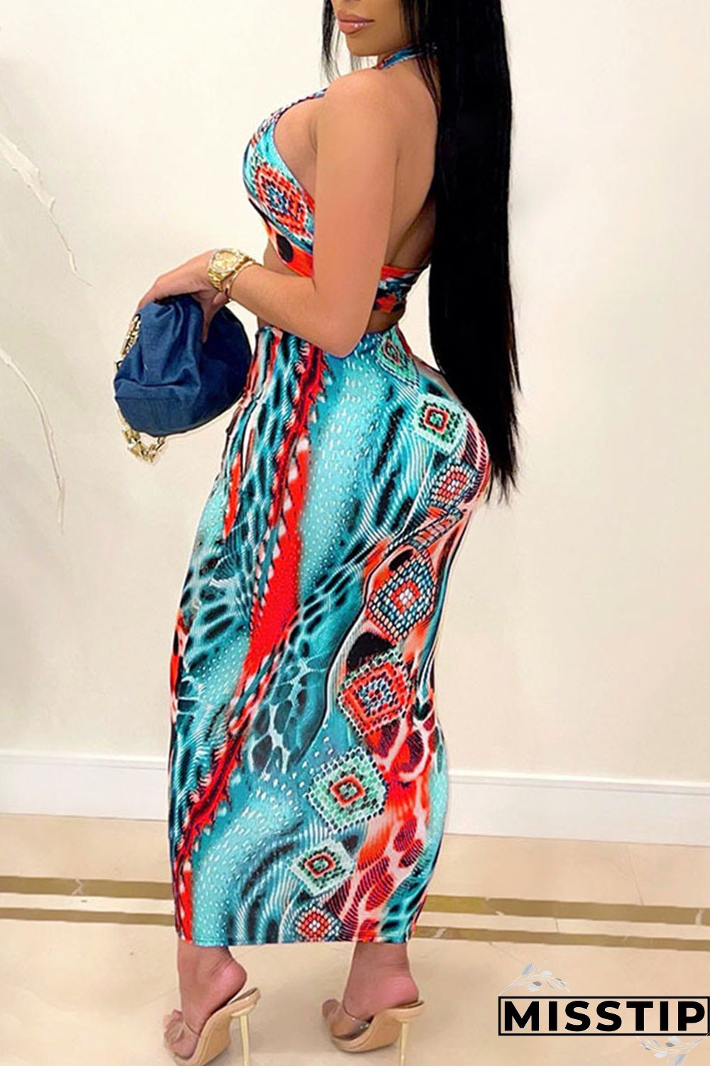Blue Orange Sexy Print Bandage Patchwork Frenulum Fold Halter Sleeveless Two Pieces