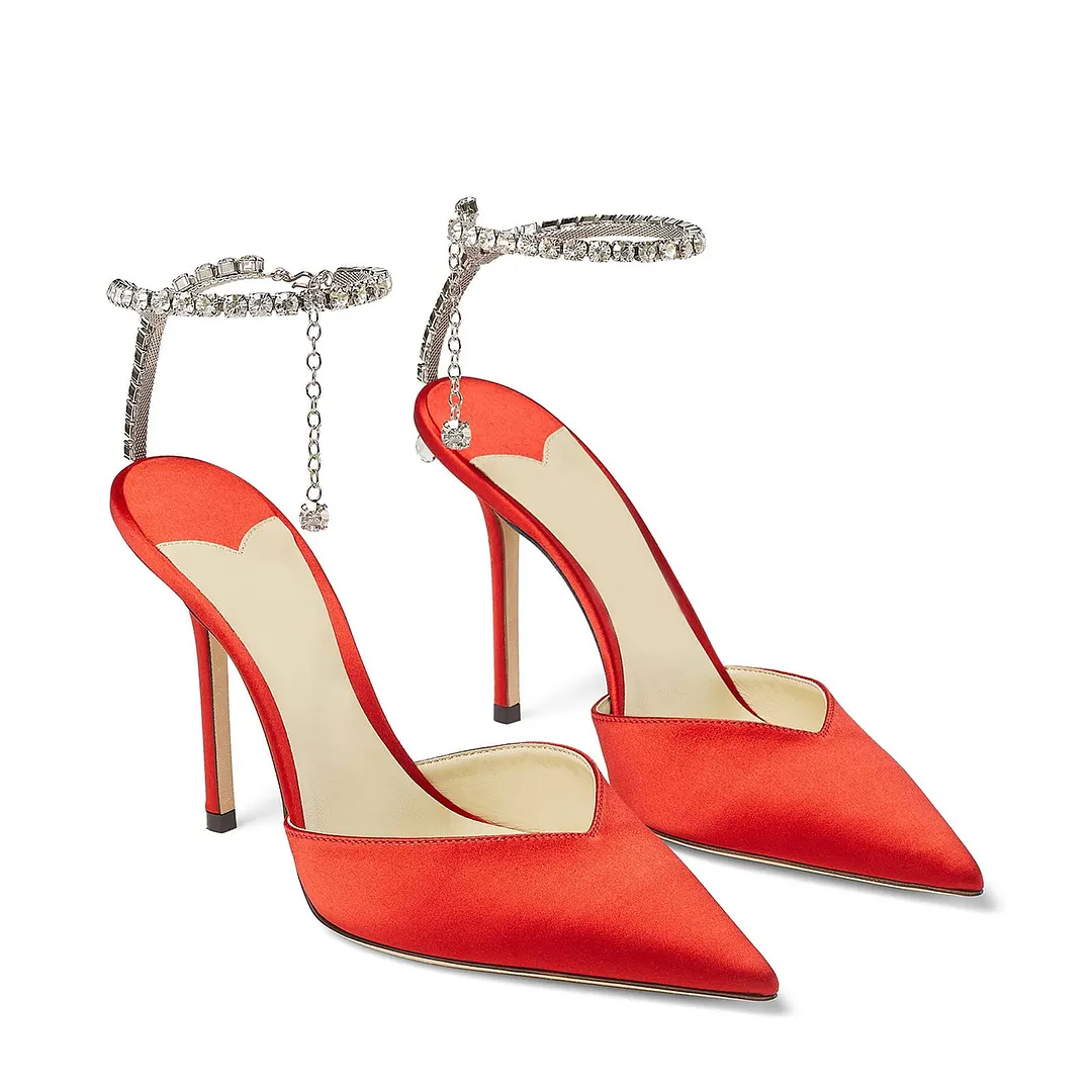 100mm Women's Sandals Crystal Chain Ankle Straps Rhinestones Buckle Heels Stiletto Satin Dress Shoes-vocosishoes