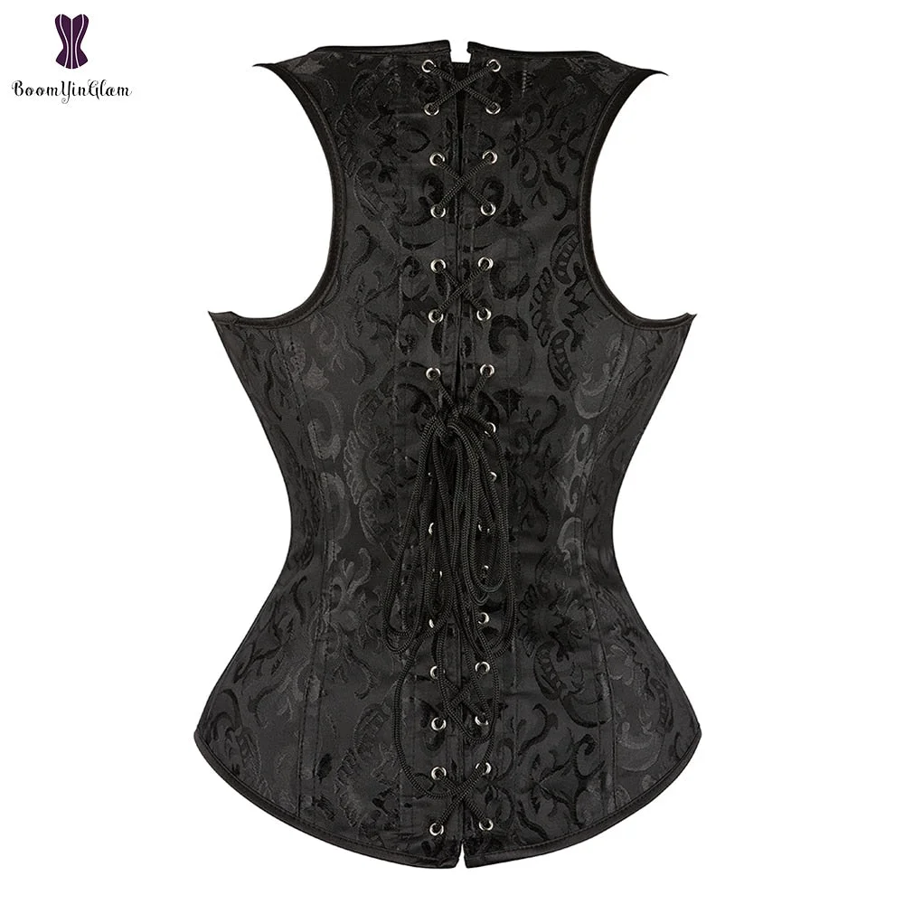 Steampunk Underbust Corset Vest Jacquard Floral Waist Cincher Shaper Shapewear With G String