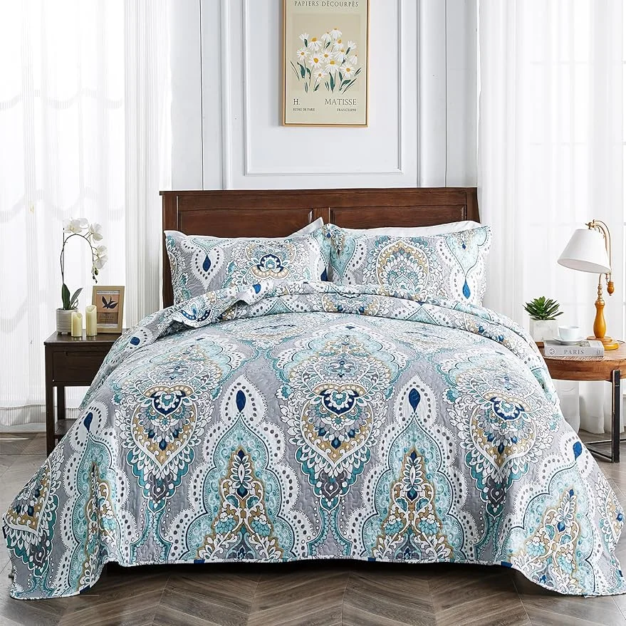 Qucover Bedspreads Queen Size, 3 Piece Lightweight Queen Size Quilt, Blue, Grey, Taupe, White Damask Pattern Queen Quilts with Pillow Shams, All Season Queen Bed Coverlet Bedding, 90"x98"
