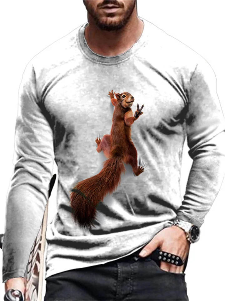Spring and Autumn t-shirt men's printed squirrel pattern long-sleeved round neck fashion daily casual men's pullover T-shirt-Cosfine