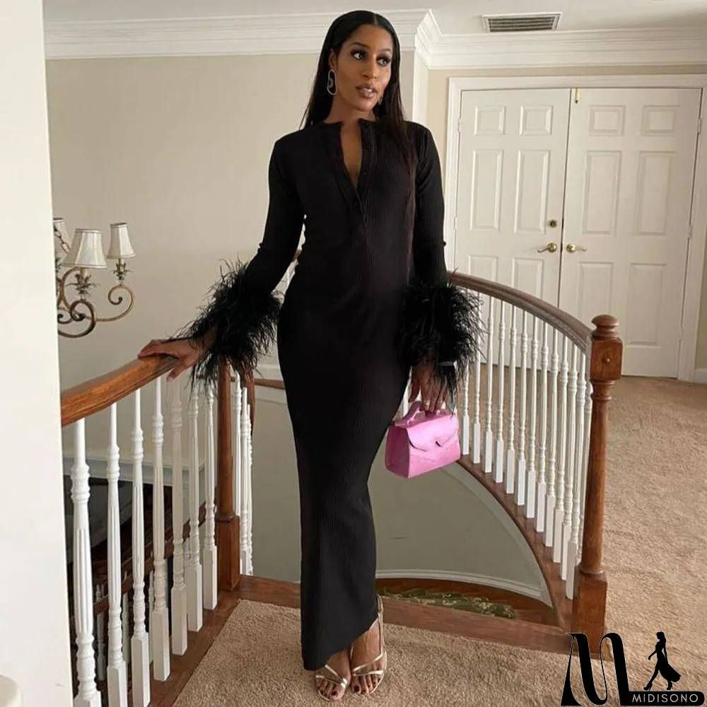 MidiSono - Plus Size Slim Fit Button Feather Long Sleeve Maxi Dress