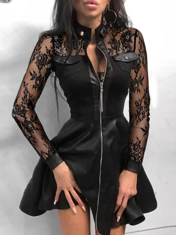 Gothic Lace Paneled Stand Collar Front Zipper Dress