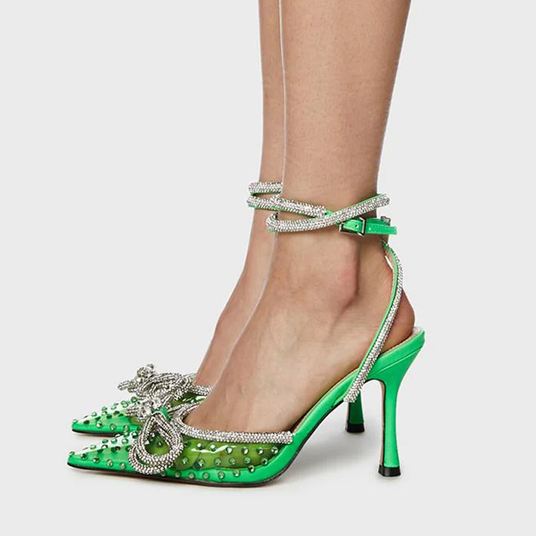 Elegant Green Clear Shoes Pointed Rhinestones Pump Party Rivets Bow Heels Vdcoo