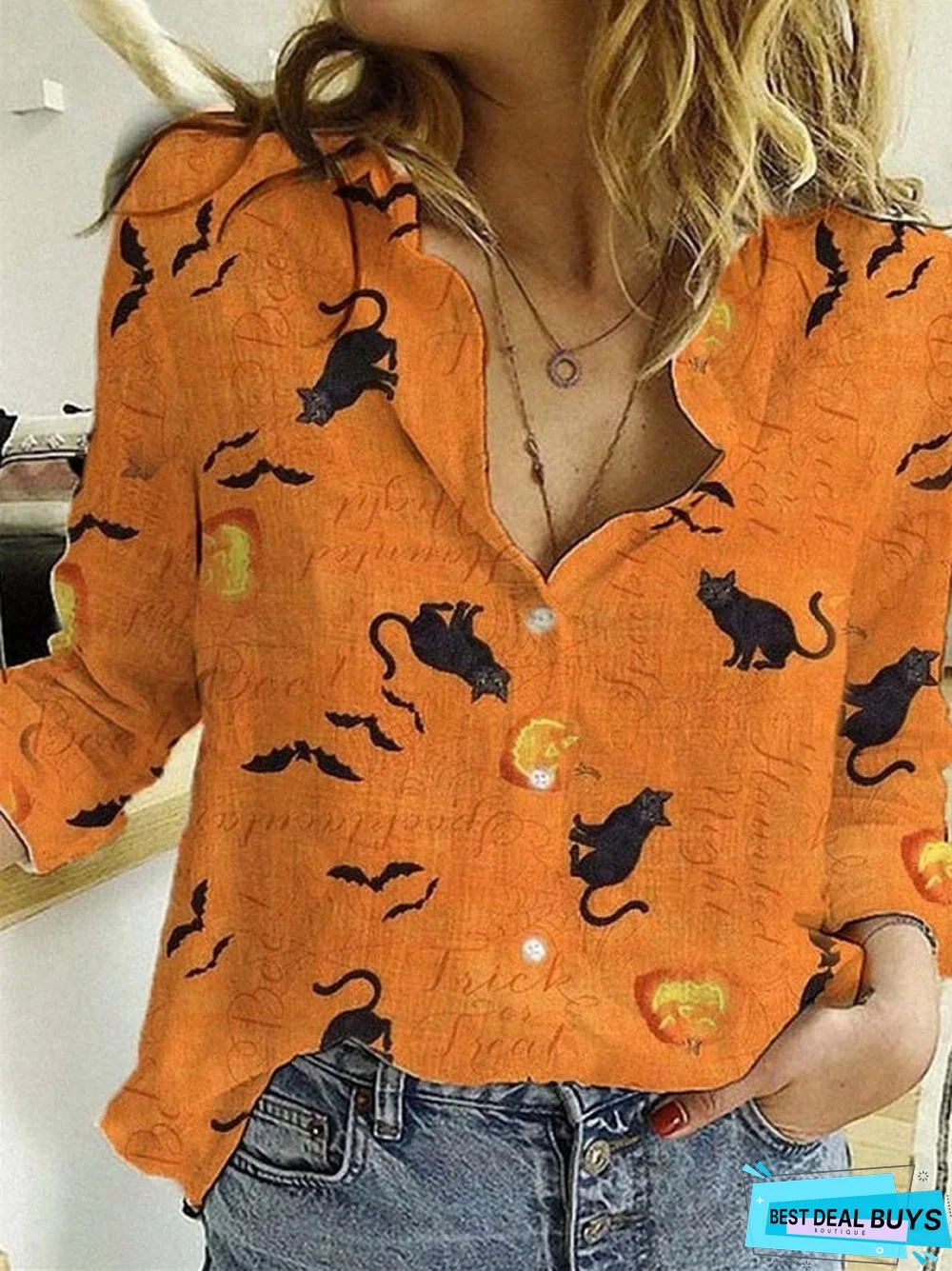 Women's Blouses Witch Bat Pumpkin Print Long Sleeve Blouses