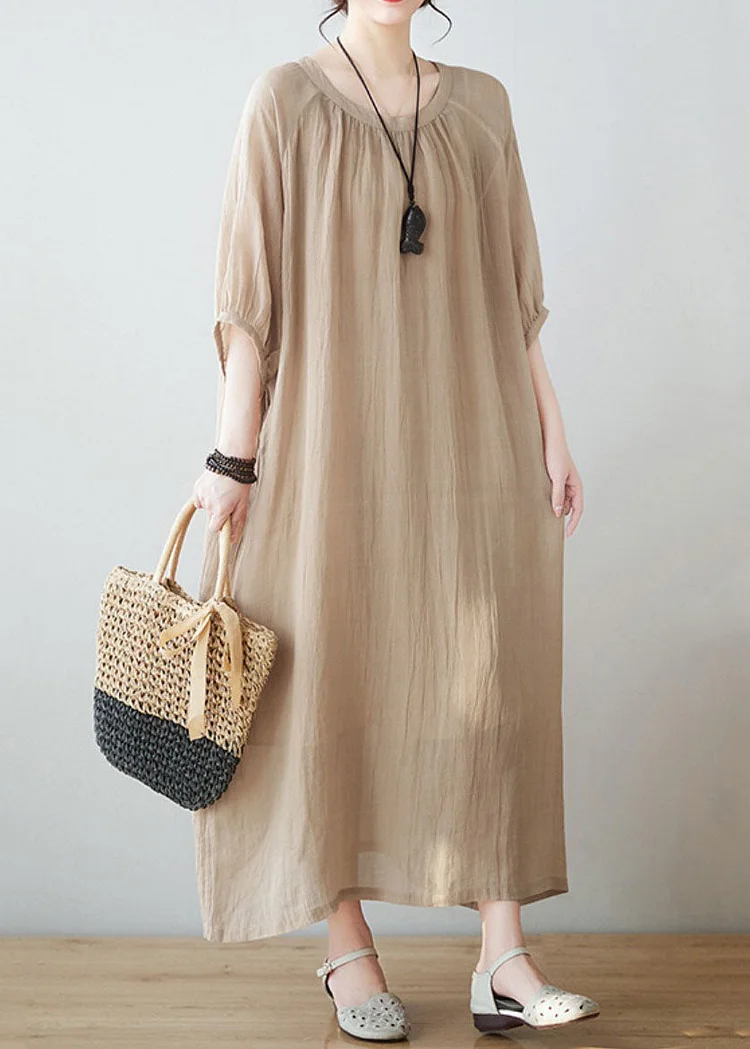 Art Khaki O Neck Wrinkled Pockets Patchwork Linen Dresses Summer