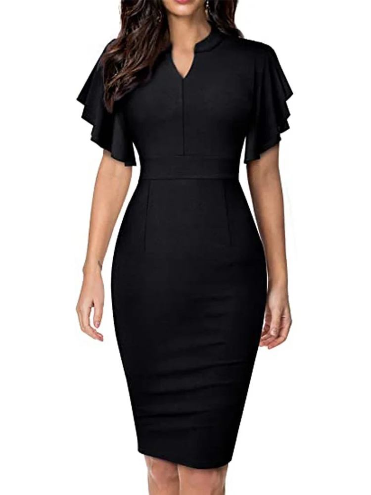 Mayoulove Pencil Dress Short Ruffle Sleeve V-Neck Slim Fit Elegant Party Dress-Mayoulove