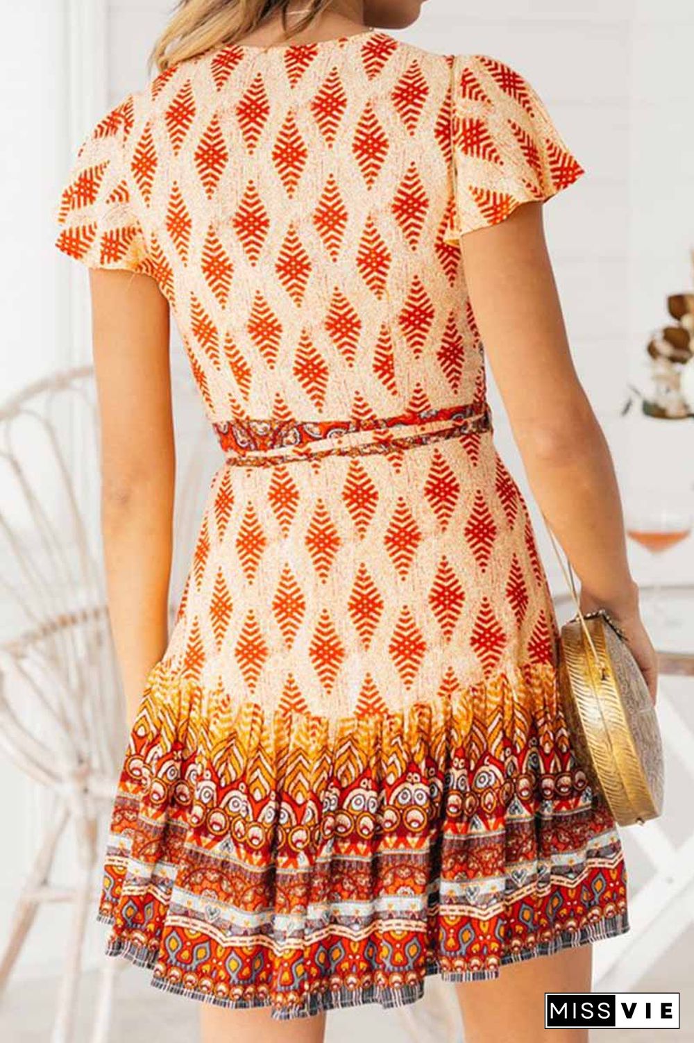 Spring And Summer Fashion Retro V-Neck Print Short Sleeves Mini Dress