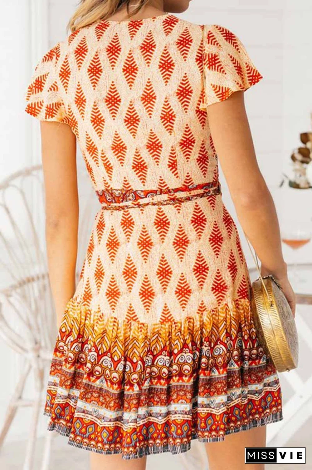 Spring And Summer Fashion Retro V-Neck Print Short Sleeves Mini Dress