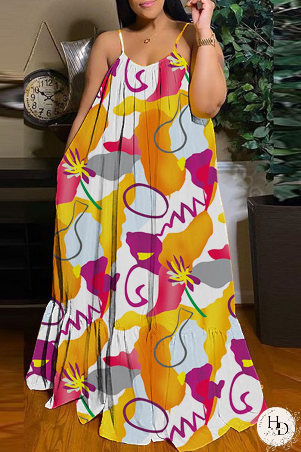 Apricot Sexy Casual Print Backless Spaghetti Strap Long Dress Dresses