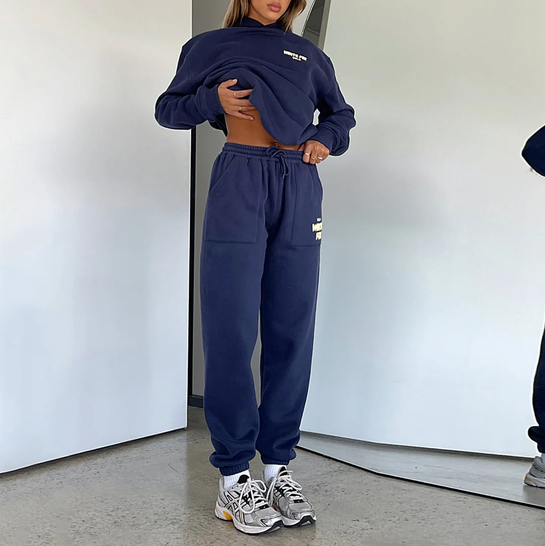 Fashion Sports LOGO Long Sleeve Pullover Hooded Sweatshirt Two Piece Set