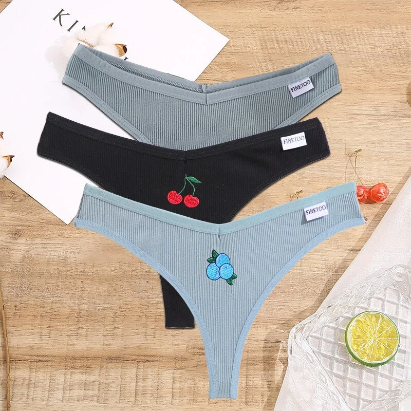 FINETOO 2/3PCS Women Lingerie Fruit Embroidery Panties G-string Sexy Low Rise Cotton Thongs Girl Underwear V-Waist Female Pantys