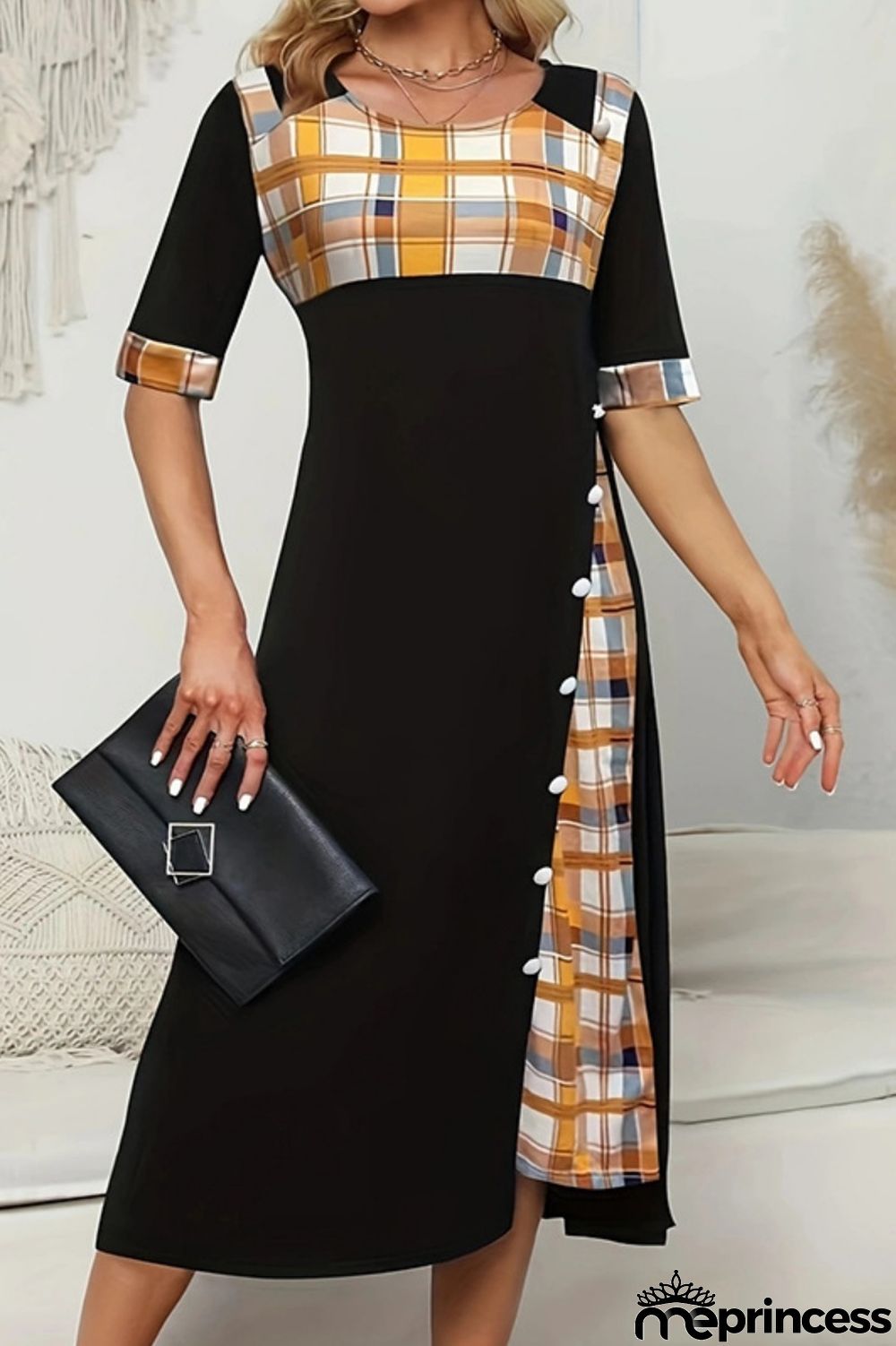 Casual Plaid Print Patchwork O Neck Short Sleeve Dress Dresses