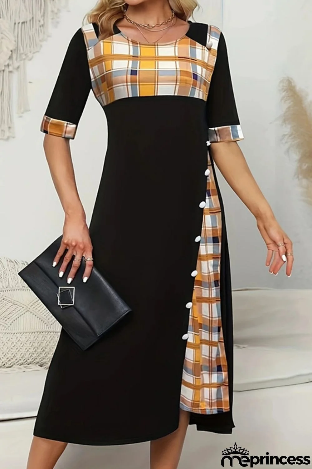 Casual Plaid Print Patchwork O Neck Short Sleeve Dress Dresses