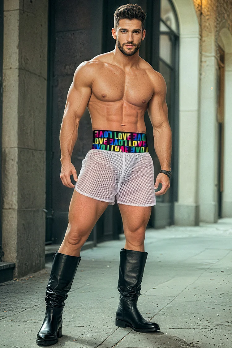 Men's Mesh See Through Ombre LOVE Print Pride High Waist Shorts [Pre-Order]