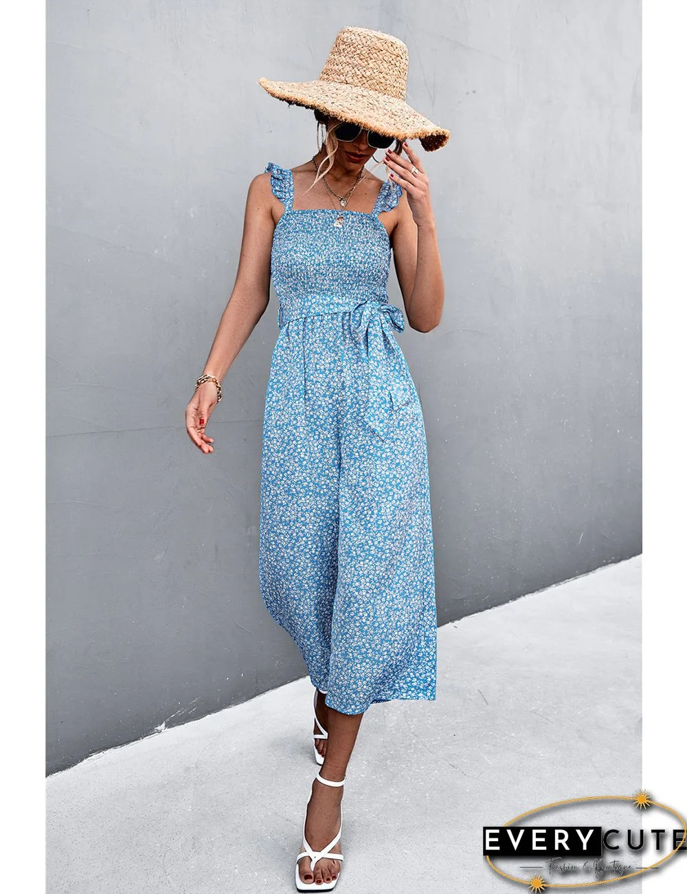 Light Blue Floral Print Pocket Wide Leg Jumpsuit