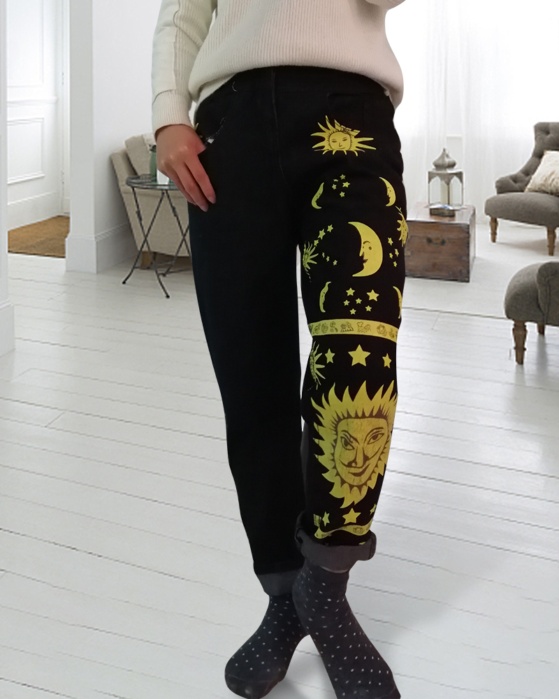 Fashion -ins Style Fashion Star Moon Sun Offset Jeans