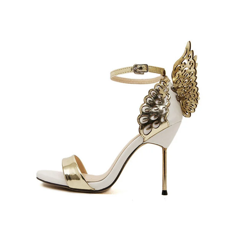 Metallic Contrast Open Toe Ankle Strap Stiletto Butterfly Heels-Gold Radinnoo.com