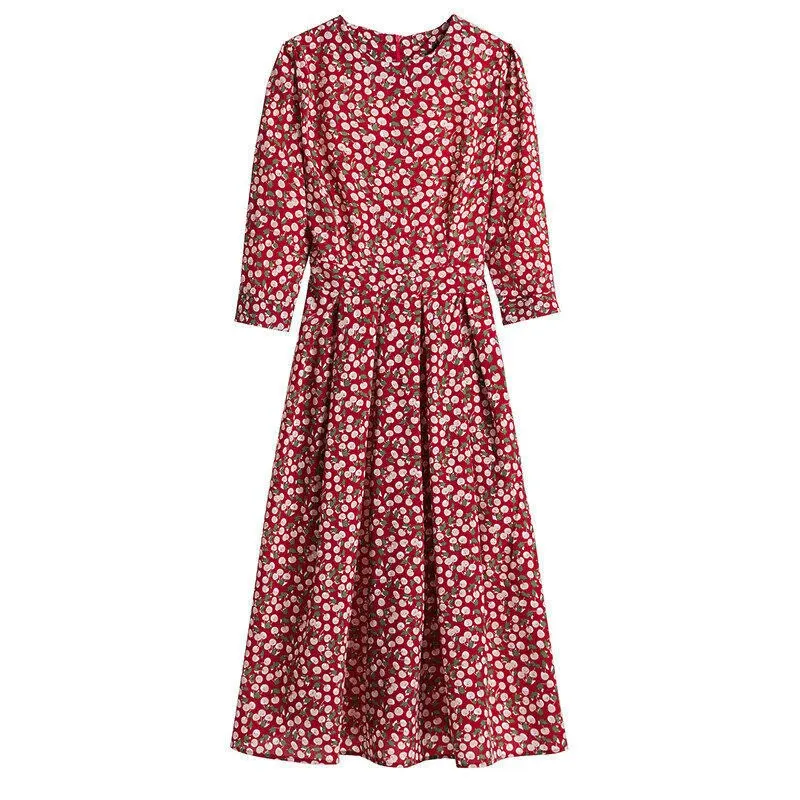 Aachoae Printed Dress For Women 2021 Vintage Three Quarter Sleeve Draped Dress Autumn Round Neck A-line Midi Dresses Vestido