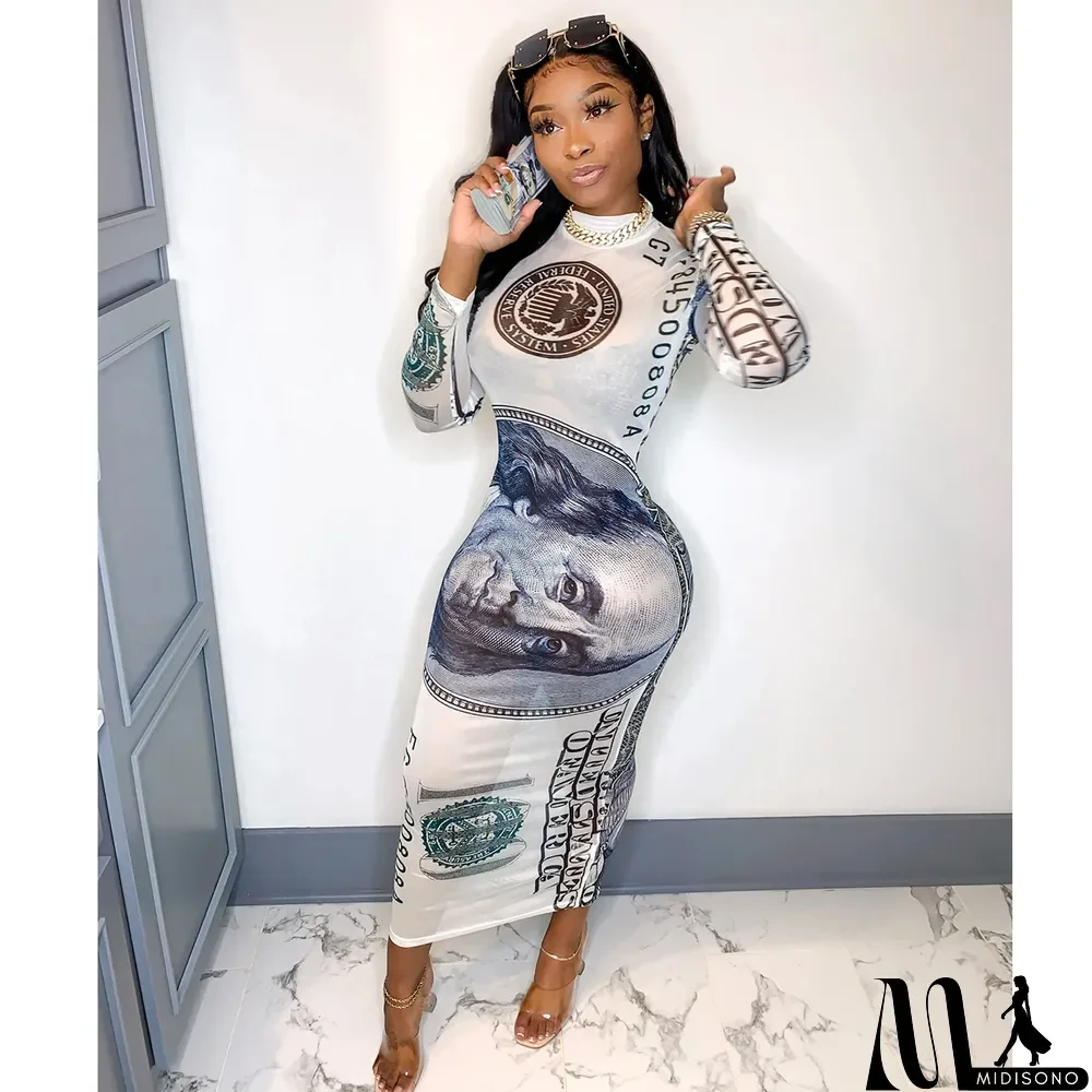 MidiSono - Money Print Sexy Long Party Dress with Full Sleeves