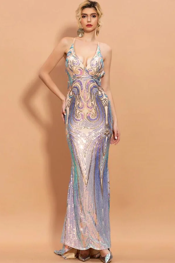 sexy v-neck sleeveless mermaid sequins prom dress