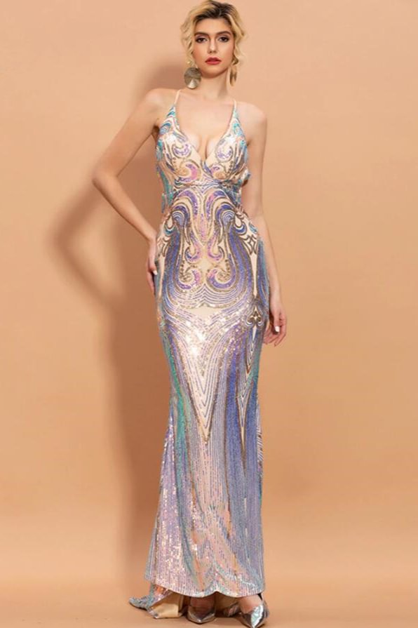 sexy v-neck sleeveless mermaid sequins prom dress