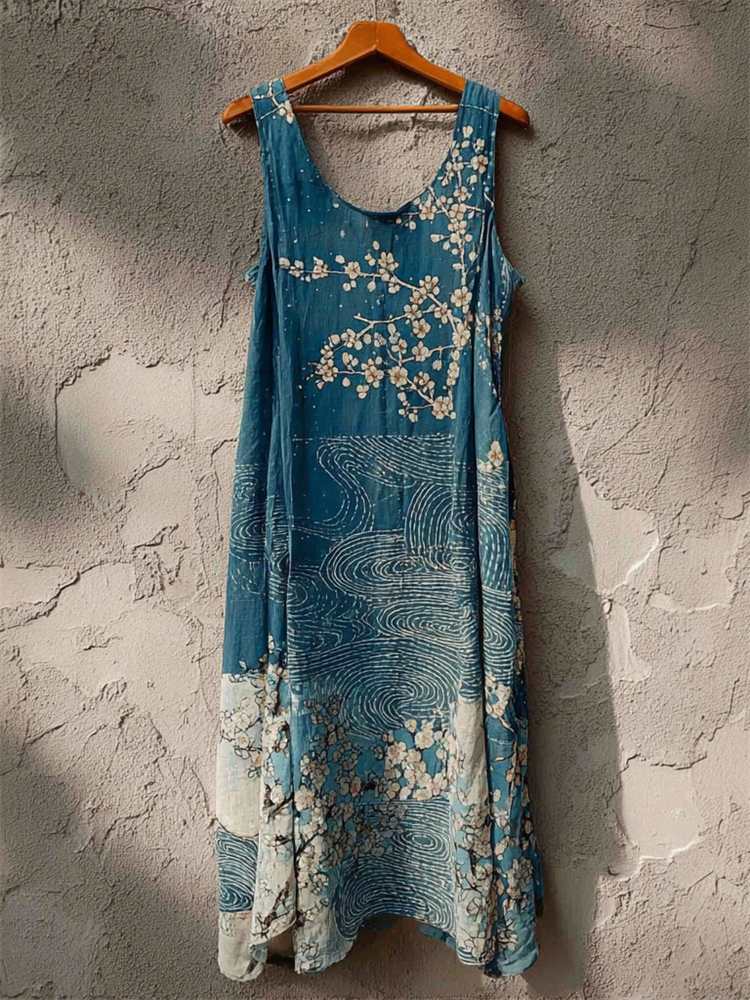 Comstylish Almond Blossom Sea Waves Japanese Art Linen Tank Dress