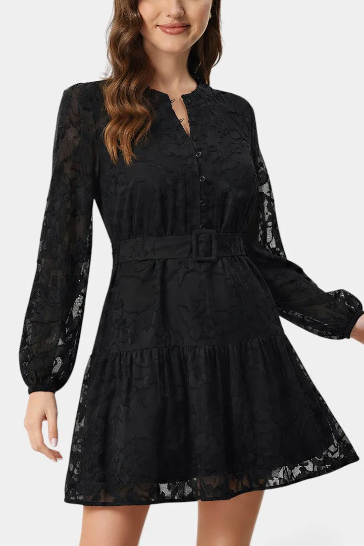 Textured Mini Dress with Belt & Sheer Long Sleeves