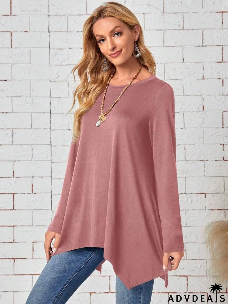 Women'sPlain Round Neck Long Sleeve Asymmetric Hem Casual T-Shirt, Spring & Summer