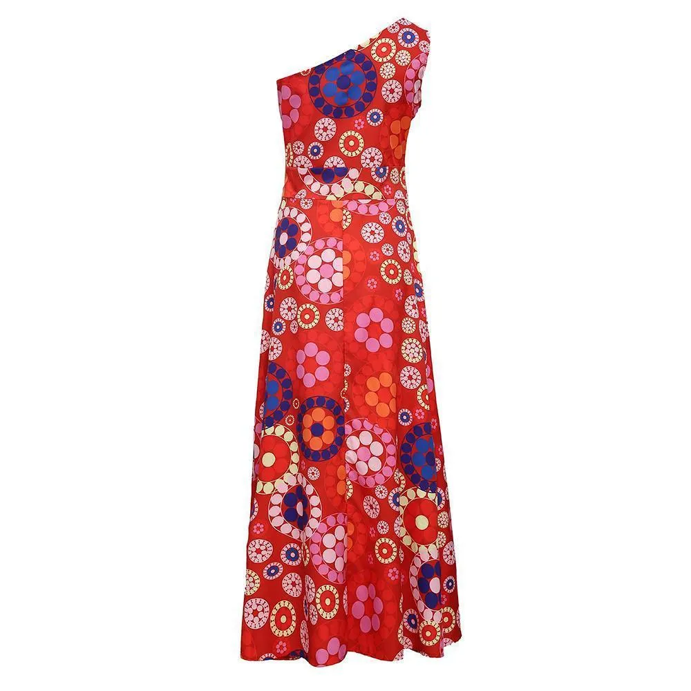 Fashion Floral Printed One Shoulder Maxi Dress-vocosishoes