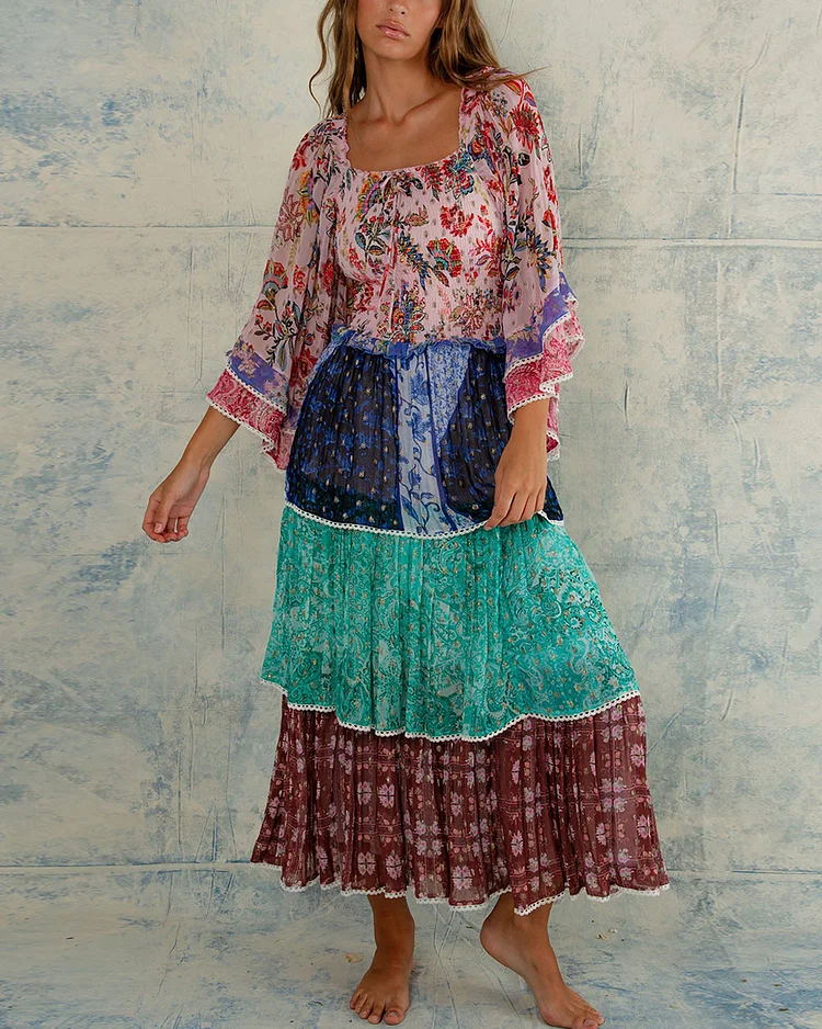 Sweet Floral Print Cascading Maxi Dress
