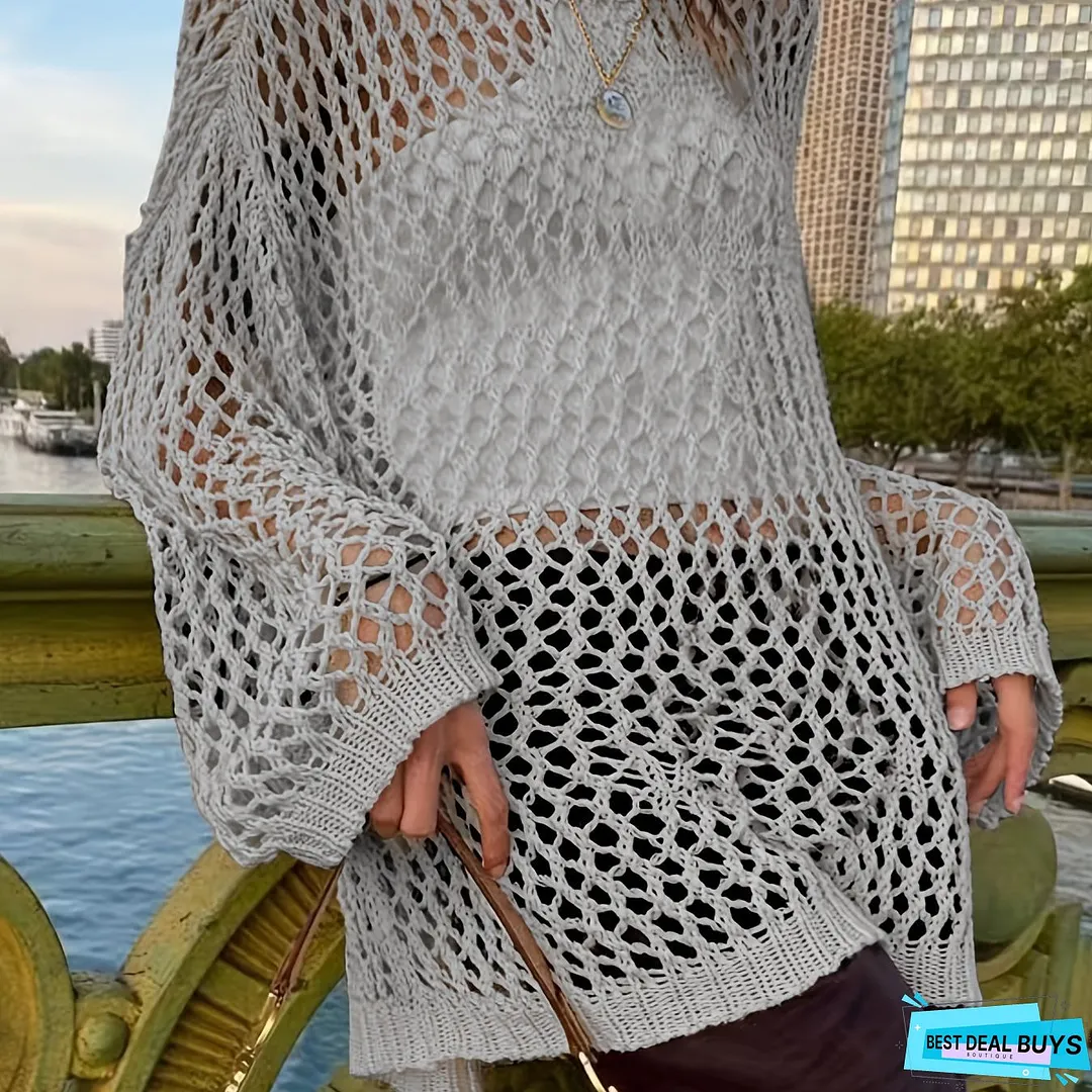 Crochet Cut Out Cover Up Top, Y2K Long Sleeve Crew Neck Top, Women's Clothing