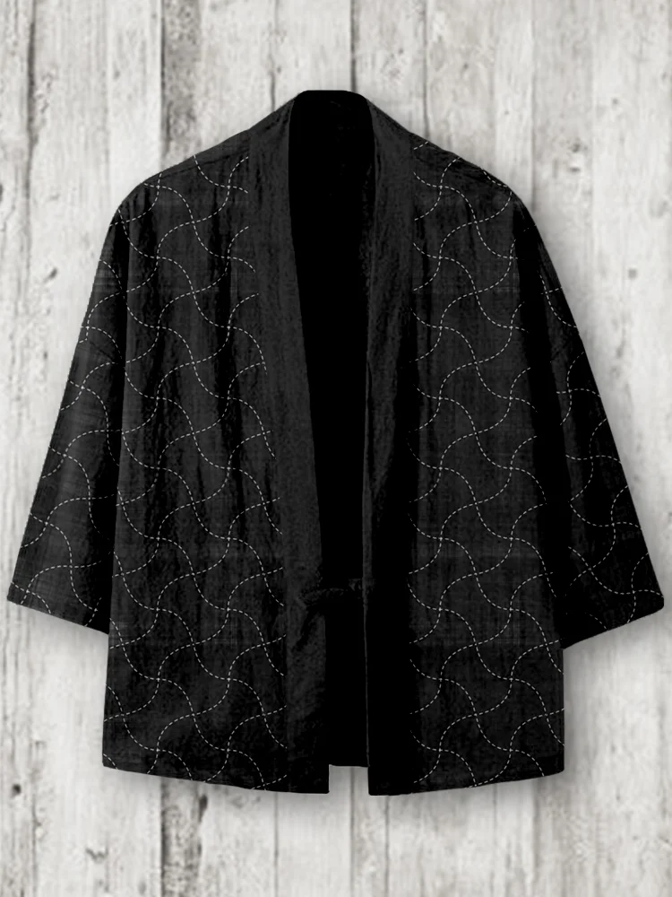 Japanese Sashiko Geometric Art Linen Blend Kimono Cardigan