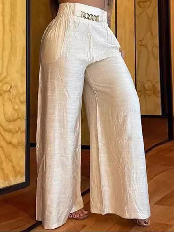 Pockets Pleated Elasticity Chains Wide Leg Loose Trousers Pants WHITE-XL