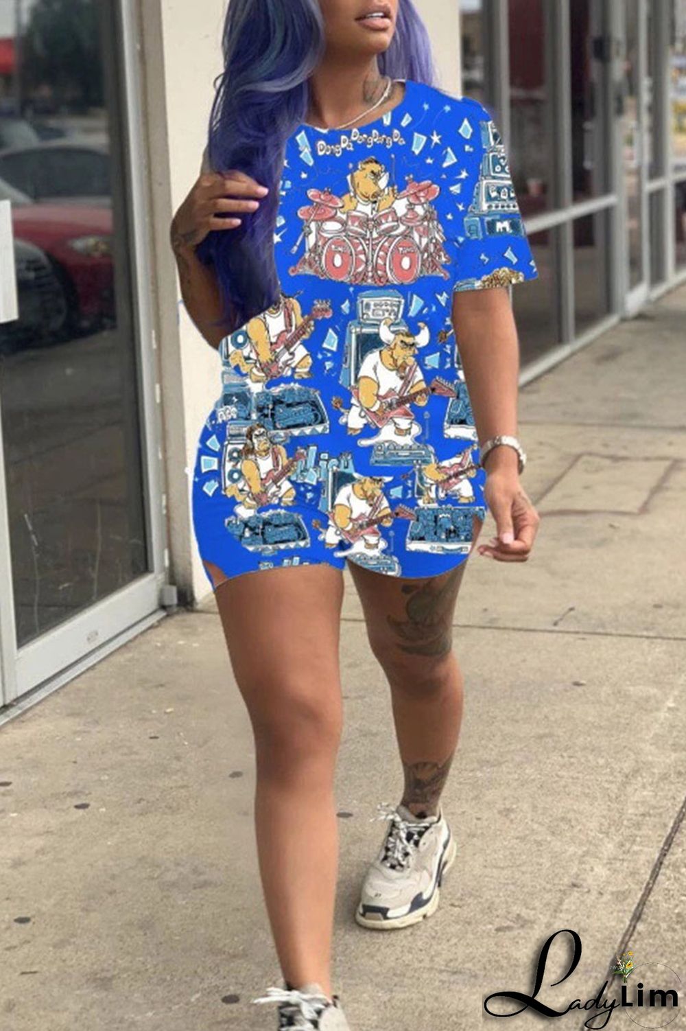 Green Street Print Patchwork O Neck Short Sleeve Two Pieces