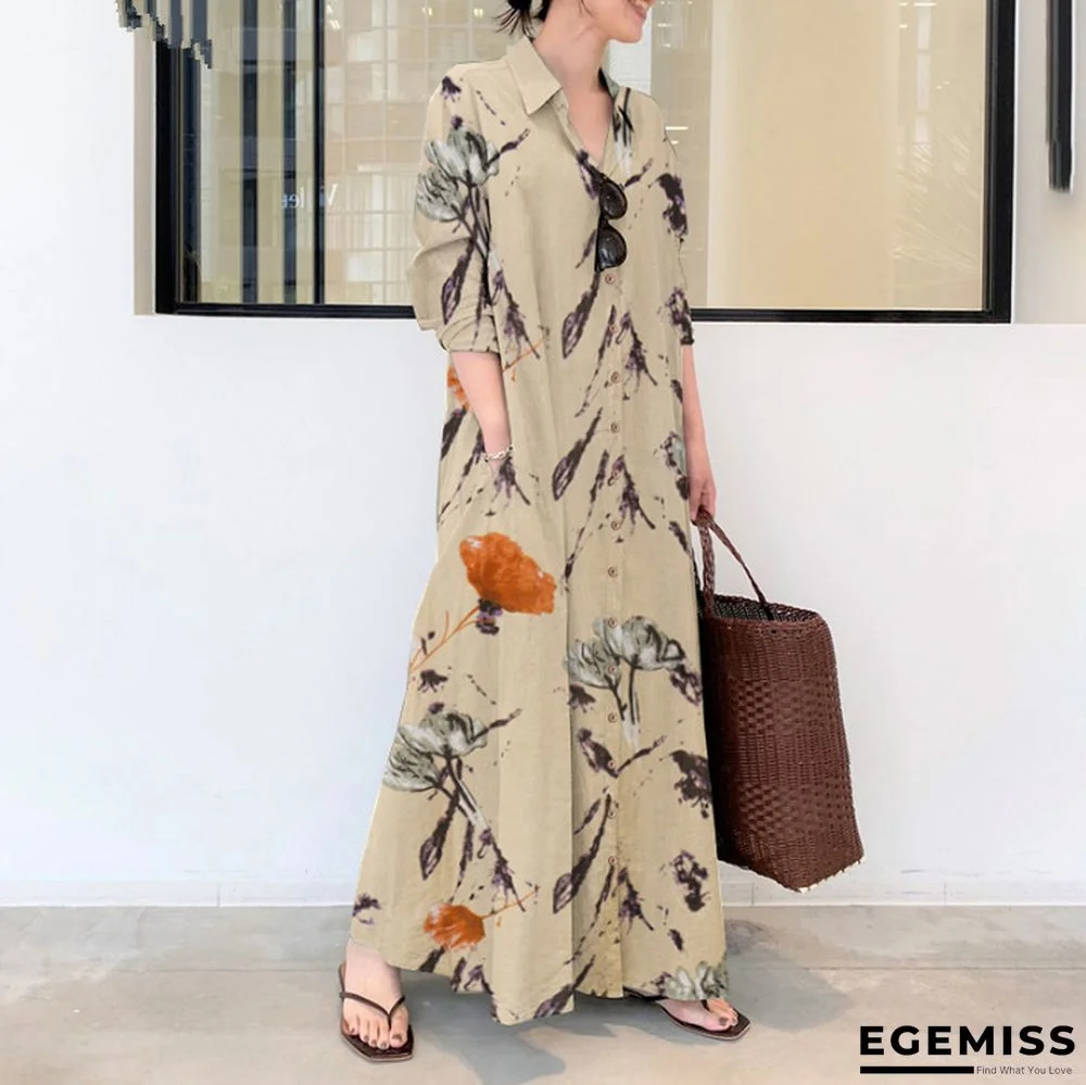 Cotton Linen Decor Lapel Long Sleeve Pocket Simple Loose Casual Long Cardigan Dress | EGEMISS