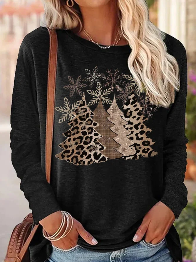 Womens Leopard Print Christmas Tree Casual Tops