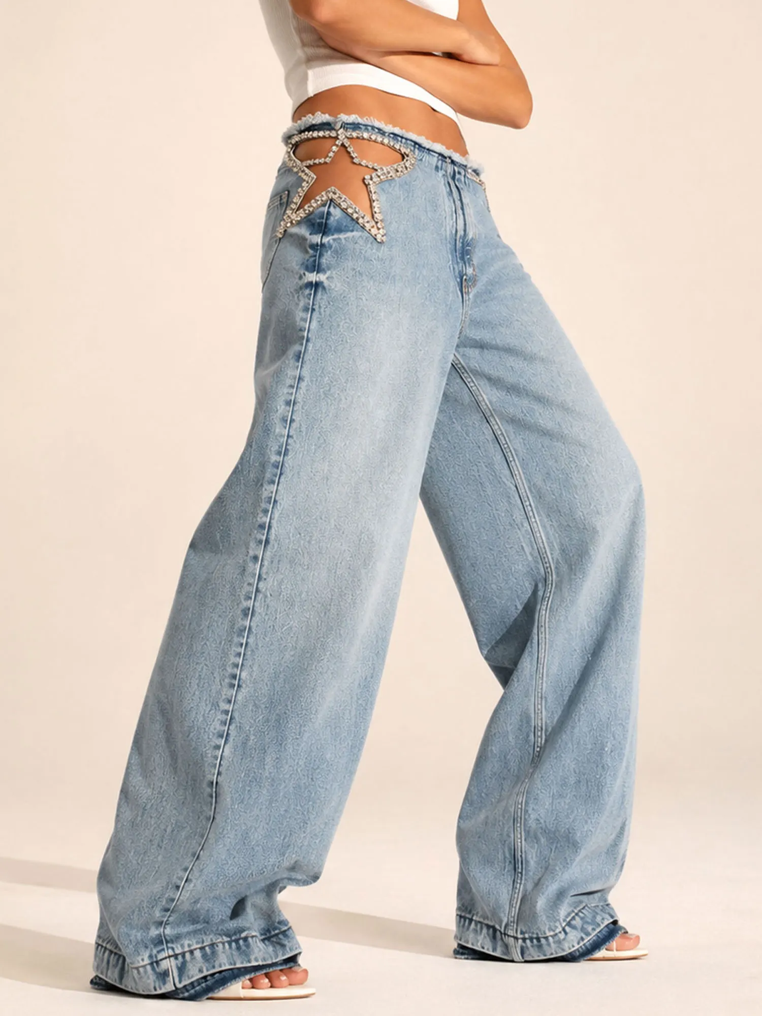 Perfect for American Vintage Music Festivals &mdash; Fall 2026 Women's Star Cutout Rhinestone, Light Blue, Wide-Leg Cut, Comfortable Slight-Stretch Jeans