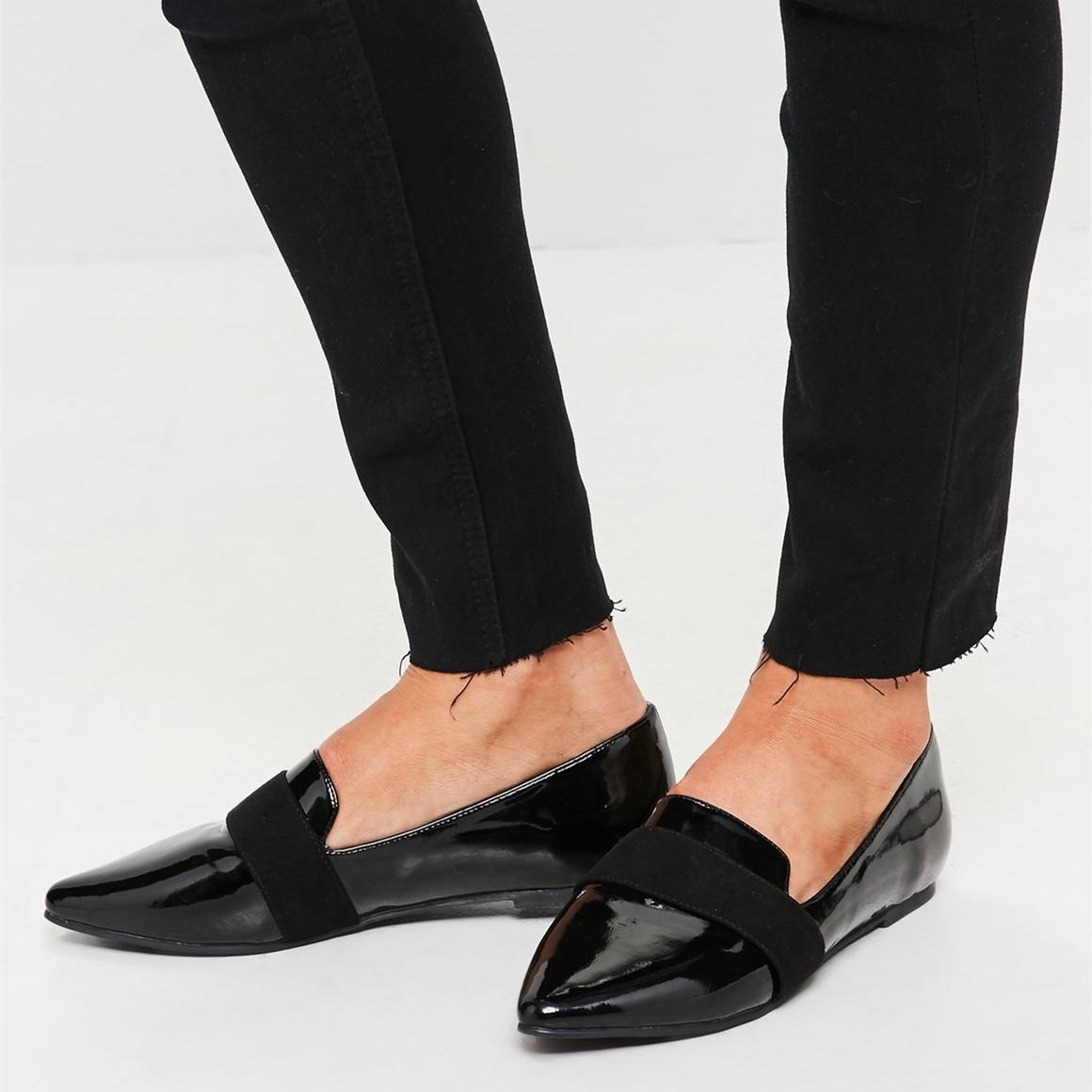 Black Patent Leather Elastic Strap Pointed-Toe Loafer Flats