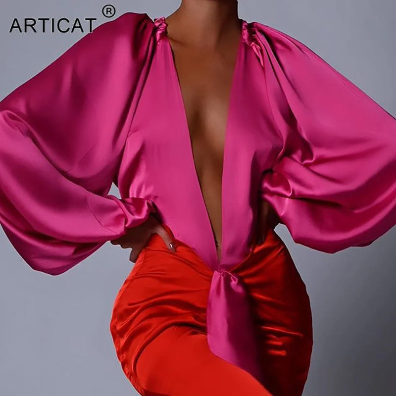 Articat Sexy Deep V-neck Satin Two Piece Set Women Long Sleeve Top Short Skirt Sets Matching Casual Partywear Winter Women Set