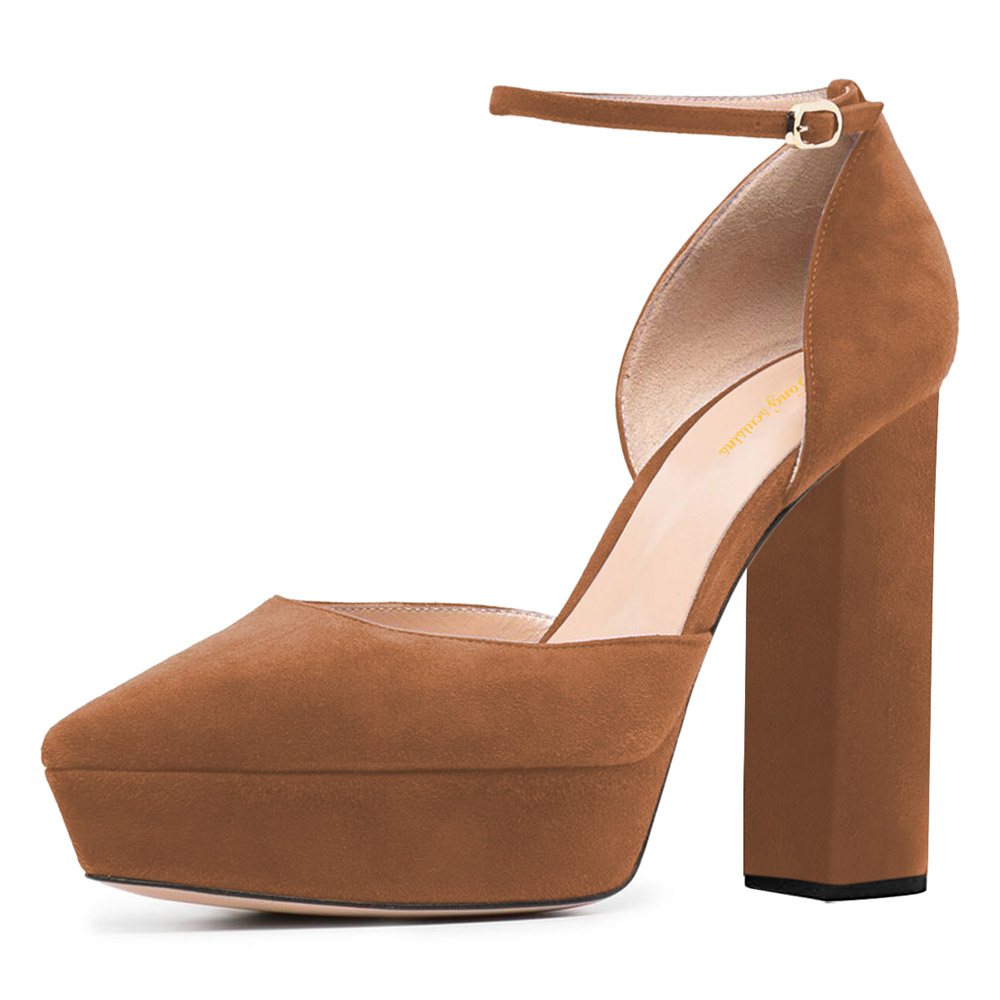 Khaki Pointed Toe Ankle Strap Women Platform Heels with Buckle Nicepairs