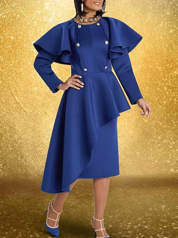 Sexy Retro Round-Neck Puff Sleeve Irregular Clipping Midi Dress