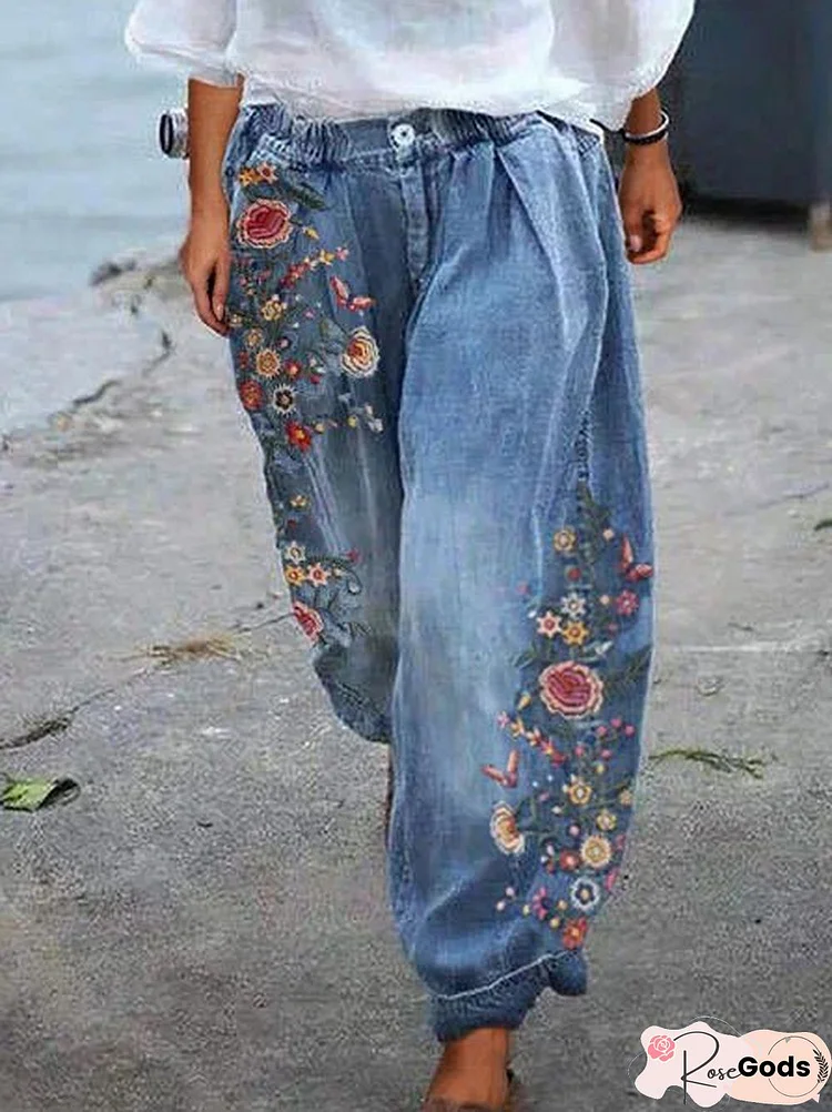 Floral-Print Casual Shift Jeans