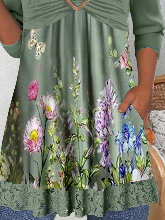 Women's Long Sleeve Scoop Neck Graphic Lace Tops