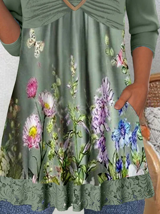 Women's Long Sleeve Scoop Neck Graphic Lace Tops