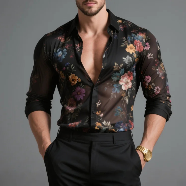 Okaywear Floral Pattern Button Semi-Transparent Long Sleeve Shirt Okaywear