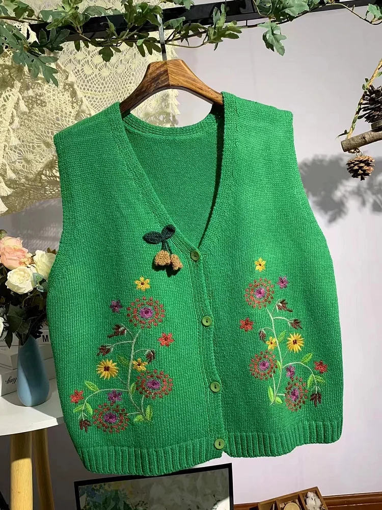 Queenfunky cottagecore style Floral Embroidered Knitted Vest QueenFunky