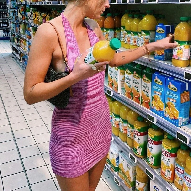 2022 V Neck Knitted Dress Bodycon Blue Women Halter Neck Backless Bandage Summer Beach Sleeveless Sexy Mini Dresses